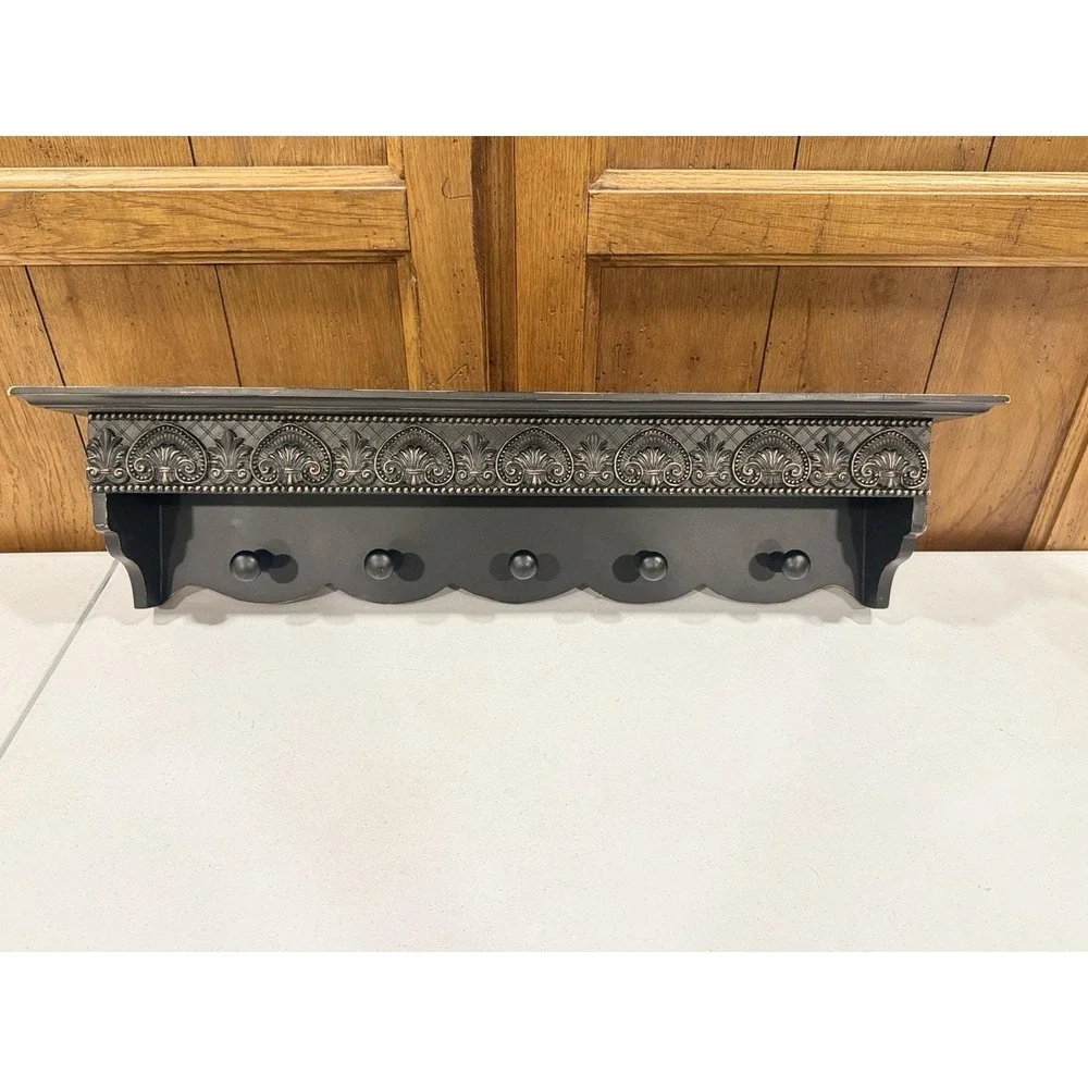 Wood Wall Shelf Black W/ Pegs (5) Plate Groove Distress Painted Finish 24